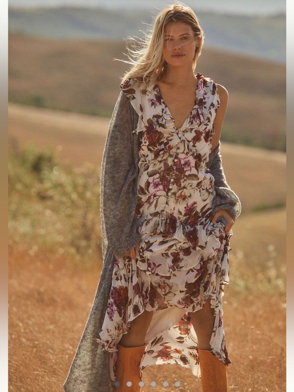 Anthropologie Ivory Floral Ruffle Maxi Dress with Purple & Mustard Accents